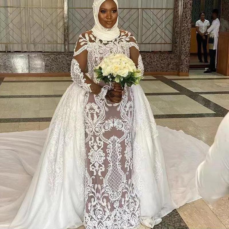 Plus Size Muslim Mermaid Wedding Dresses Bridal Gown With Detachable Train Satin Bow Lace Applique Long Sleeves Custom Made Designer African Vestido D