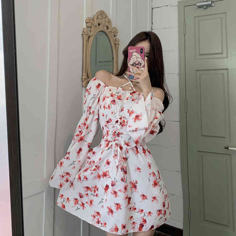 Fashion Women Sexy Halter Flower Print Chiffon Dress Summer Long Sleeve High Waist Casual Beach Party Dress With Girdle 210518