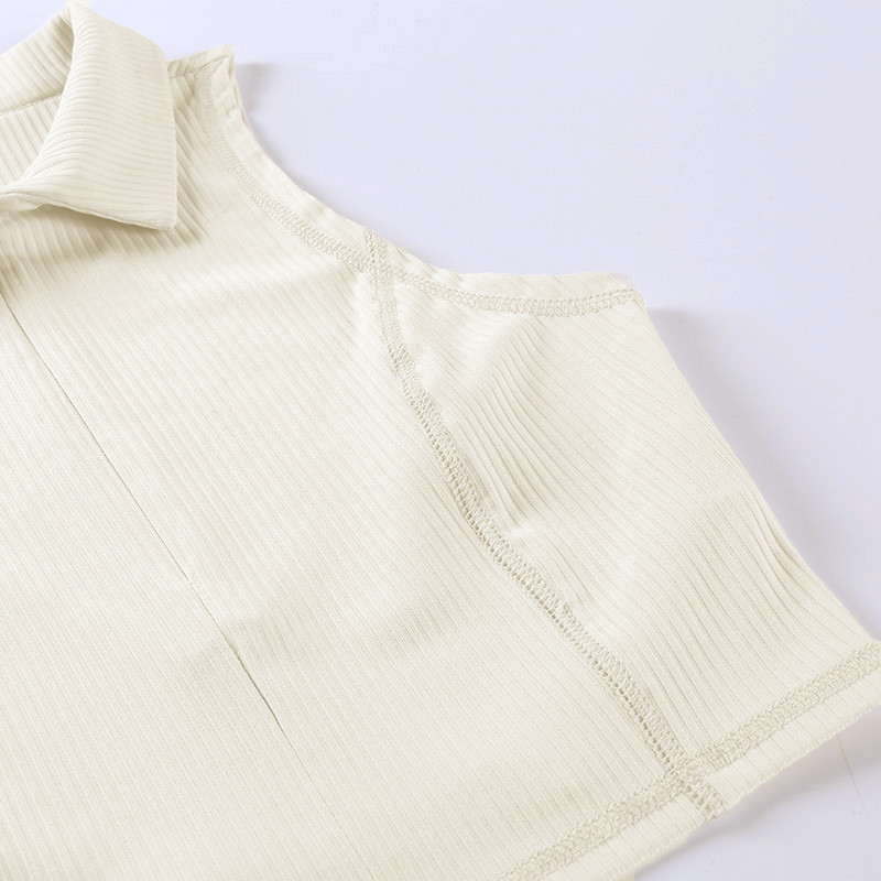 Turn-down Collar Front Zipper Tank Tops Women Sleeveless Slim Elastic Crop Knitted Cotton Lady Summer Casual 210514