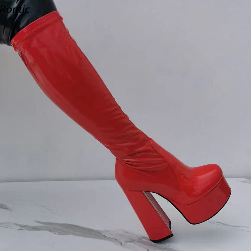 Rontic Handmade Women Platform Knee Boots Flexible Side Zipper Chunky Heels Round Toe Black Red White Party Shoes US Size 5-15