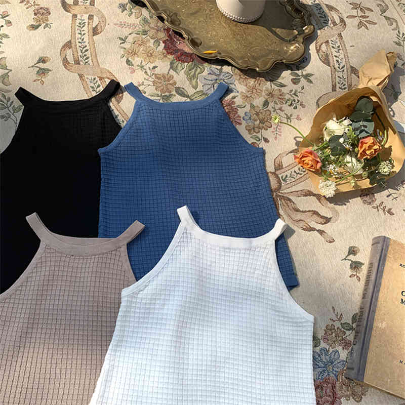 Summer Off-The-Shoulder Slim Knitted Tank Top Women Korean Style Sexy Elastic Sleeveless Vest Tops Chic Camisole Female 210522