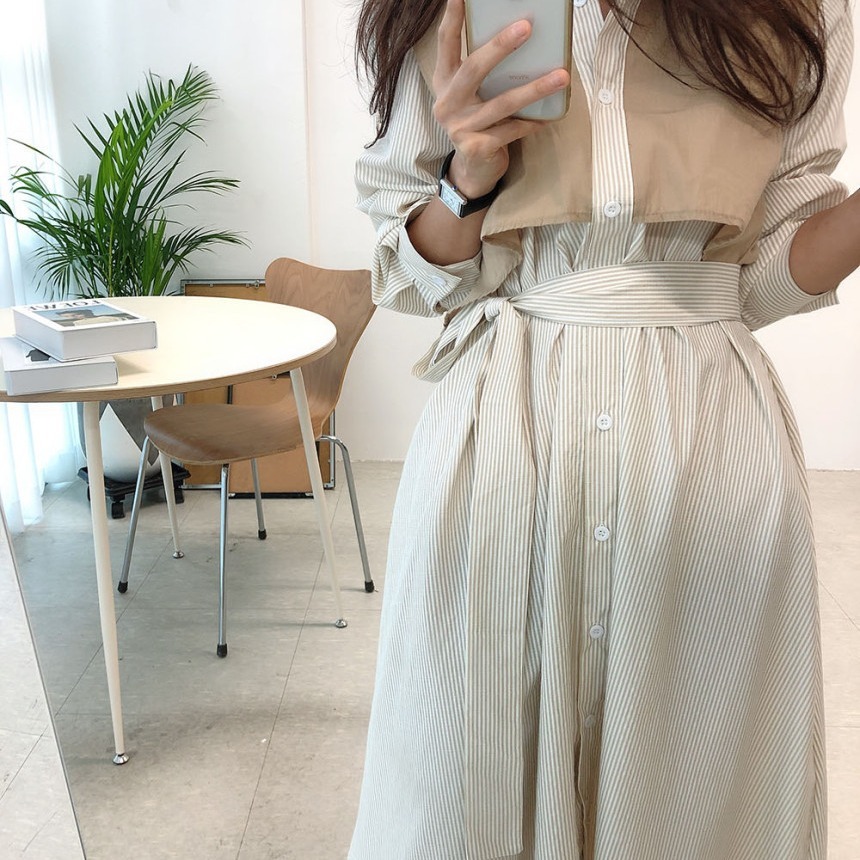 Single Breasted Long Sleeve Shirt Dress Spring Summer Patchwork Striped Large Size Dresses With Bandage Female 2D1747 210526