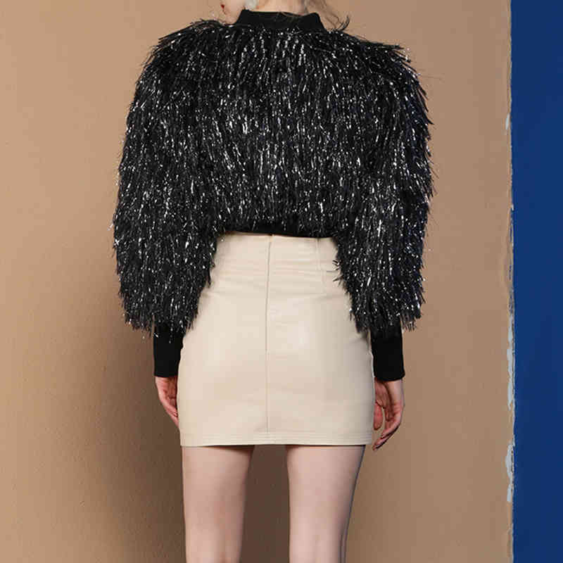 VGH Patchwork Tassel Streetwear Jacket For Women Stand Collar Long Sleeve Casual Short Coat Female Fashion New Clothing 210421