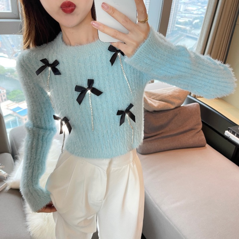Neploe Sweater Women Casual O-Neck Long Sleeve Knitwear Korean Fashion Temperament Bowknot Sueter Bottoming Knitted Cropped 210422