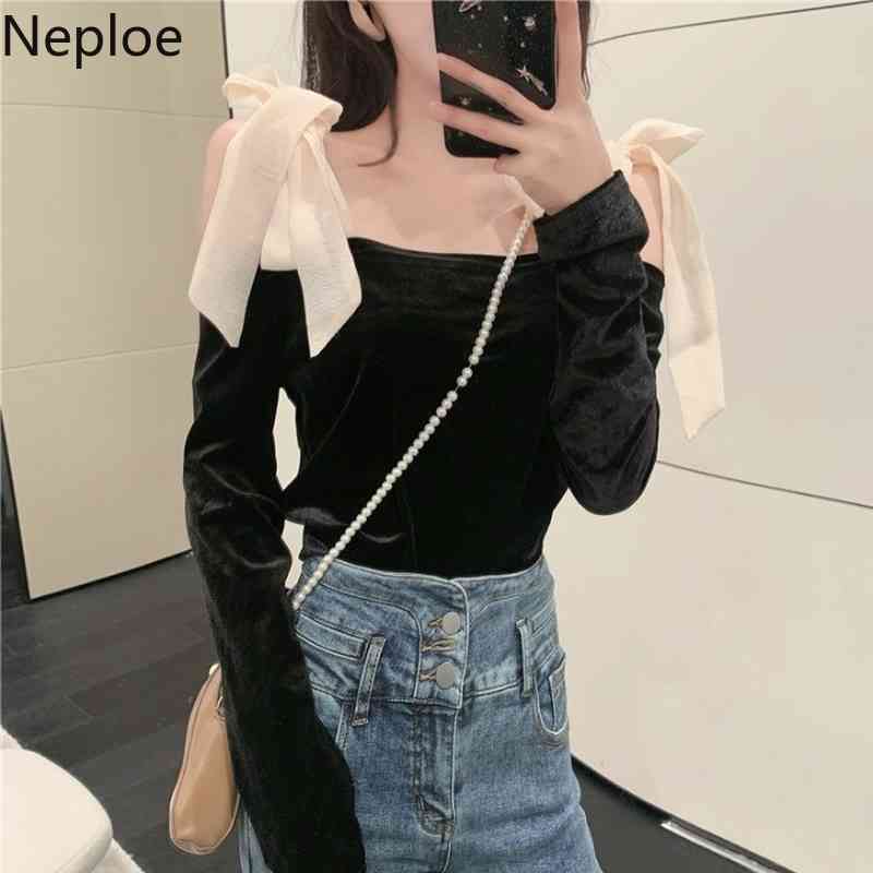 Neploe Sexy Shirt Slash Neck Off Shoulder Velvet Blouse Women Vintage Bow Lace Up Slim Blusas Fashion Long Sleeve Fashion Top 210422