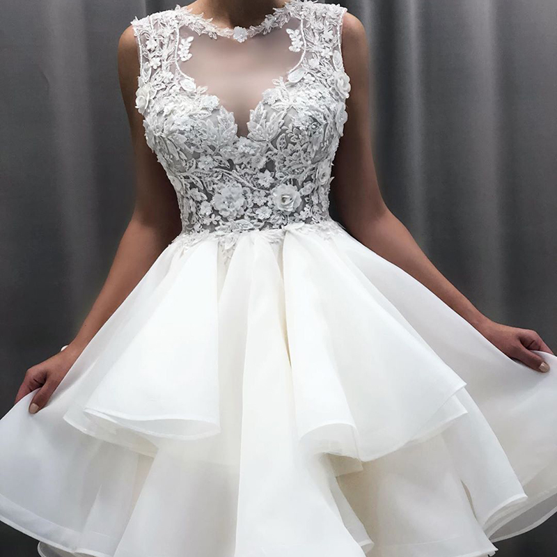 Lovely 2021 New Short Lace Sleeveless Bridal Dresses Knee Length Illusion O Neck Wedding Gowns for Bride Cut Out Back ut