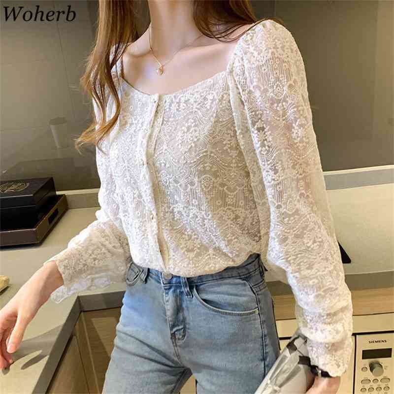 Korean Vintage Women Shirt Square Collar Fashion Lace Tops Crochet Hollow Out Loose All Match Long Sleeve Blusas Mujer 210519