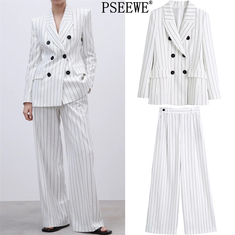 Blazer Set Woman 2 Pieces White Striped Double Breasted Suits Elegant High Waist Pants Sets Women Office Wear 210519
Blazer Set Woman 2 Pieces White Striped Double Breasted Suits Elegant High Waist Pants Sets Women Office Wear 210519