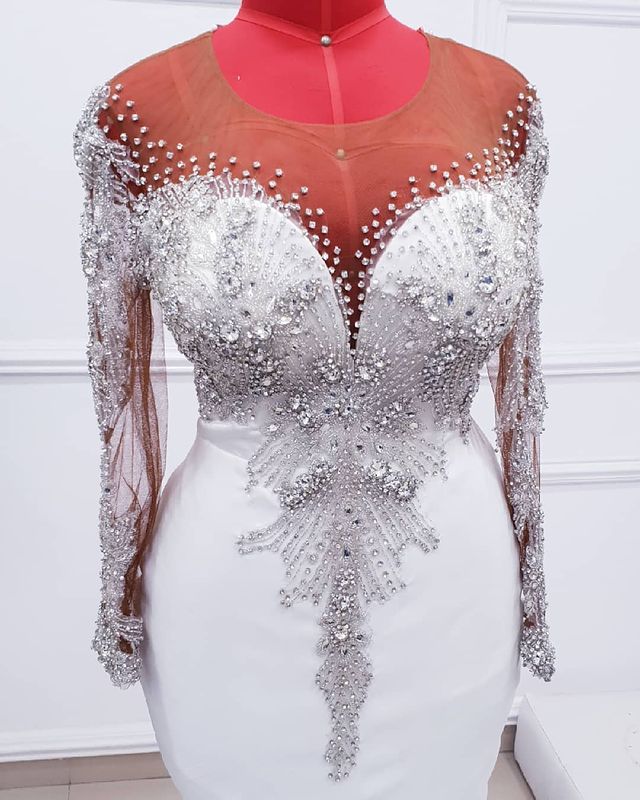 2021 Plus Size Arabic Aso Ebi Luxurious Beaded Crystals Wedding Gowns Sheer Neck Long Sleeves Mermaid Bridal Dresses ZJ232