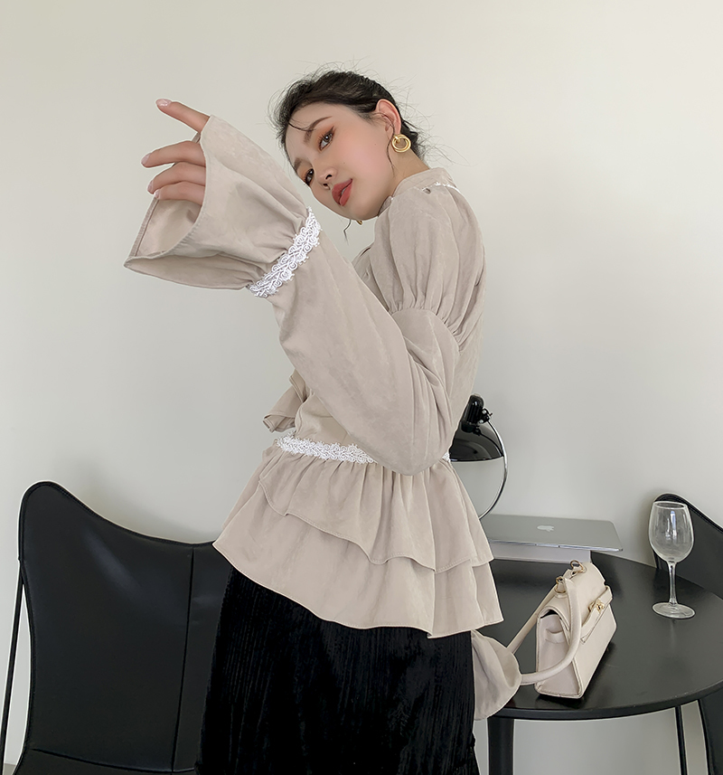 Court Ruffle Flare Sleeve Tops Button Up Turtleneck Shirt Women Khaki Long Ladies Blouse Clothing 210427