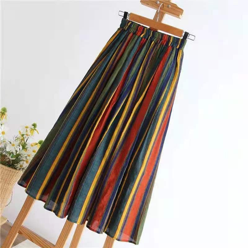Arrival Summer Women Casual Elastic Waist A-line Skirts All-matched Striped Cotton Linen High Skirt W215 210512