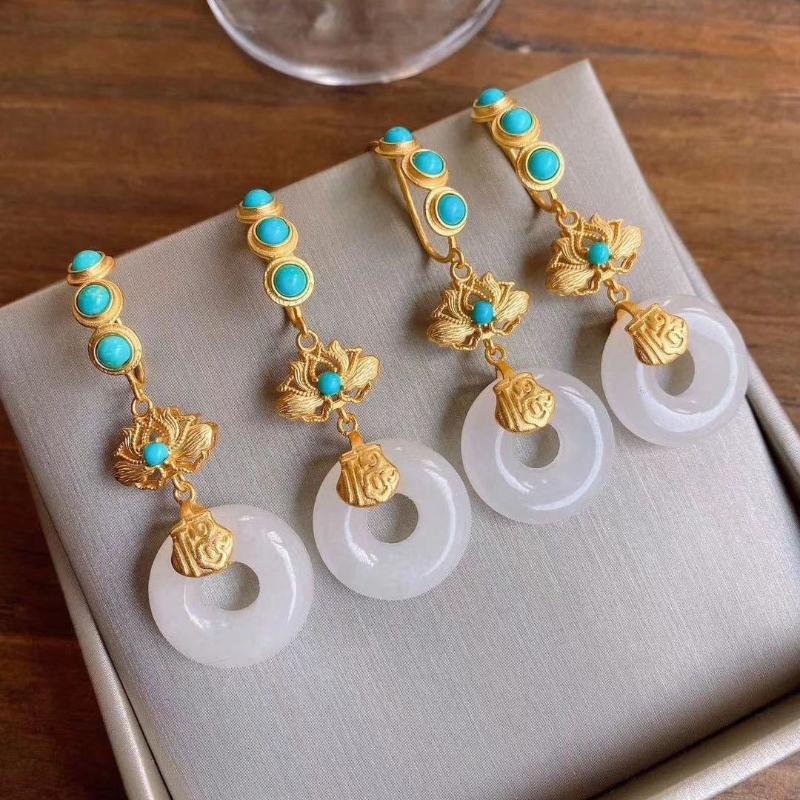Dangle & Chandelier Silver Turquoise Natural Hetian White Jade Ring Gold-plated Earrings Chinese National Style Retro Charming Women's Jewel
Dangle & Chandelier Silver Turquoise Natural Hetian White Jade Ring Gold-plated Earrings Chinese National Style Retro Charming Women's Jewel