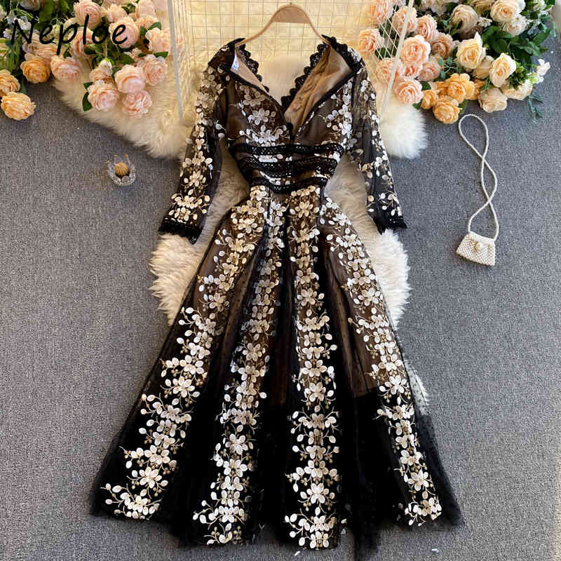 Neploe Heavy Work Flower Embroidery Party Dress Women High Waist Hip A Line Long Slim Vestidos V Neck Long Sleeve Robe Spring 210422