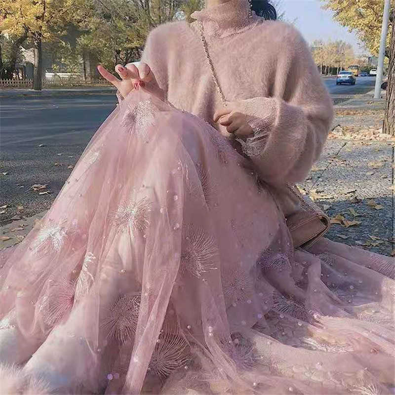 Elegant Embroidered Mesh Pearl Skirt Layers Tiered Tulle Women High Waist Long Maxi Pink White School Sun Lady 210619wtt