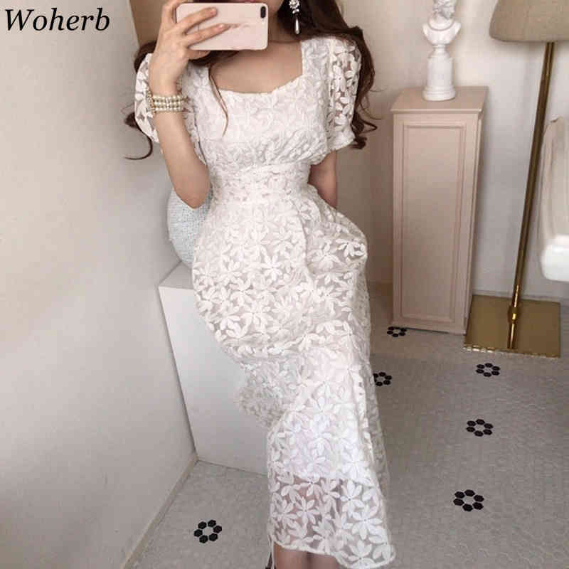Women Long Robe Spring Summer Elegant Lace Floral Dresses Patchwork Korean Chic Ladies Party Vestido 210519