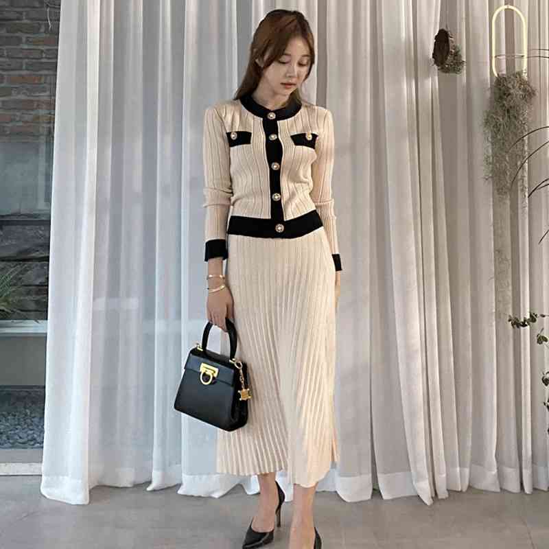 Autumn And Winter Knitted Cardigan Two Pieces Sets Single Breasted Full Sleeve High Waist Pleated Long Skirt Women Suit 210520