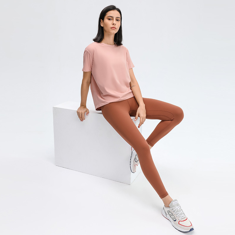 2025-- Solid Color T Shirts Lady Yoga Outfits Round Neck Women Sports Tops Girl Fiess Shirt Soft Relaxed Fit Top Casual wear