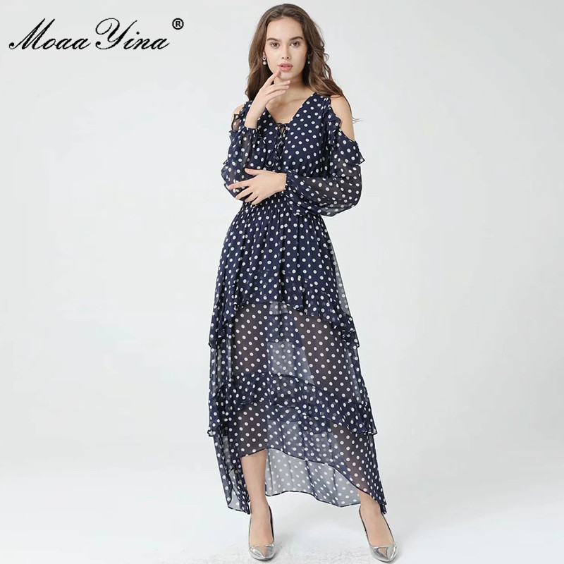 Spring Runway Elegant Polka Dots Print Maxi Women V-Neck Ruffle Long sleeve Sexy Black Club Party Dress Vestidos 210524