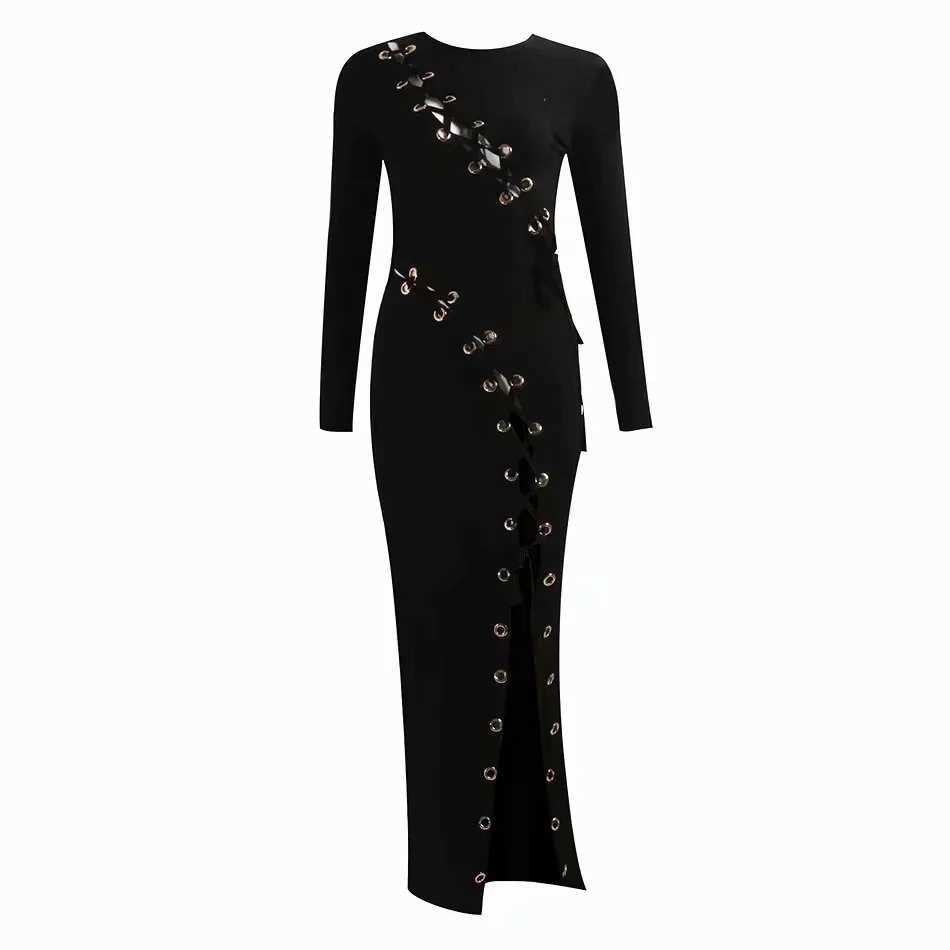 Fashion Black Long Dress Elegant Lace-out Hollow Bodycon Vestidos Sexy Sleeve Crew Neck Celebrity Party 210525