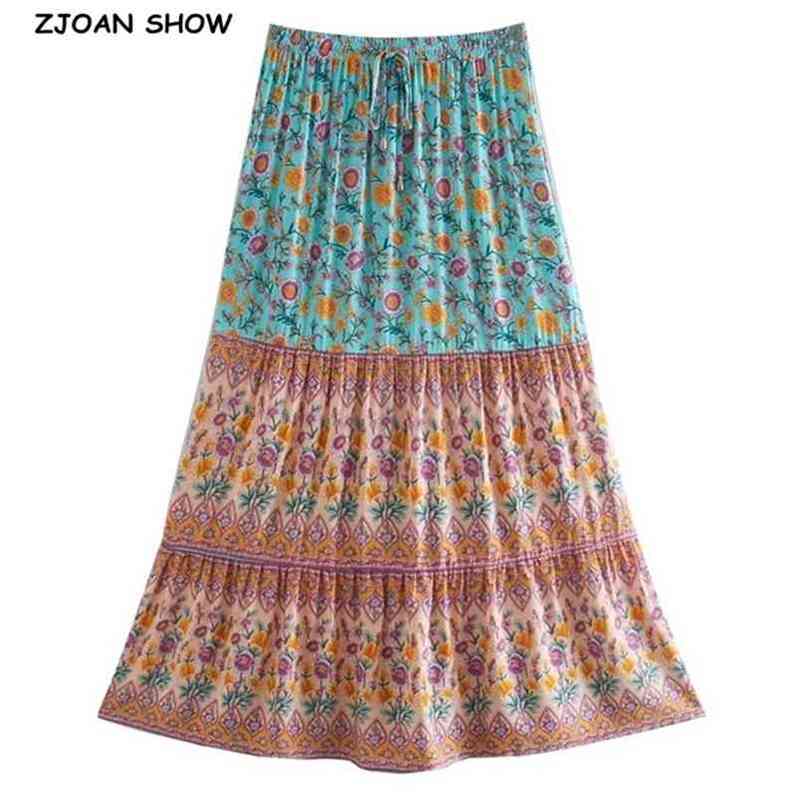 3 Colors Bohemia Floral Print Long Skirt BOHO Stitching Ruched Ruffle Hem Holiday Women Adjust Stream Waist Swing Skirts 210429