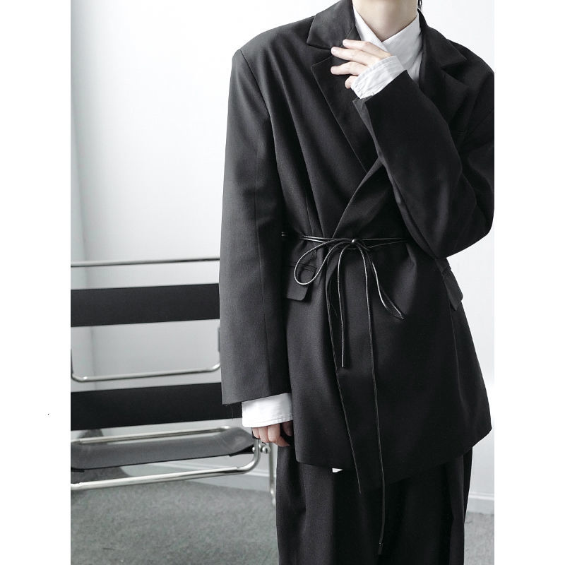 IEFB /men's wear bandage waist notched collar black big size suit coat spring fashion loose streetwear blazers 9Y4023 210524