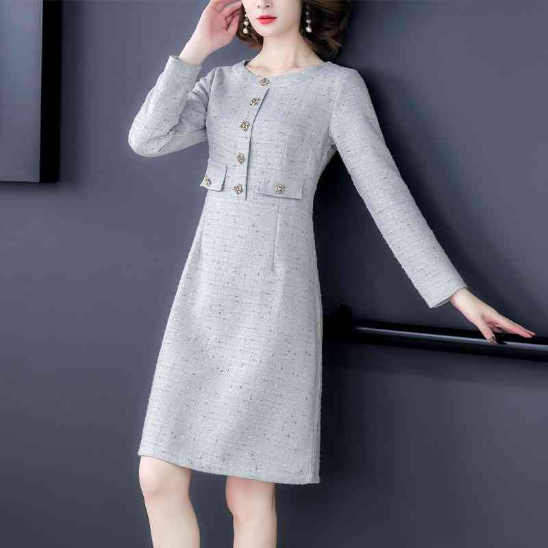 Fashion Tweed Dress Robe Women Clothing Autumn And Winter Elegant Diamond Button Party Vestido Da Festa 210520