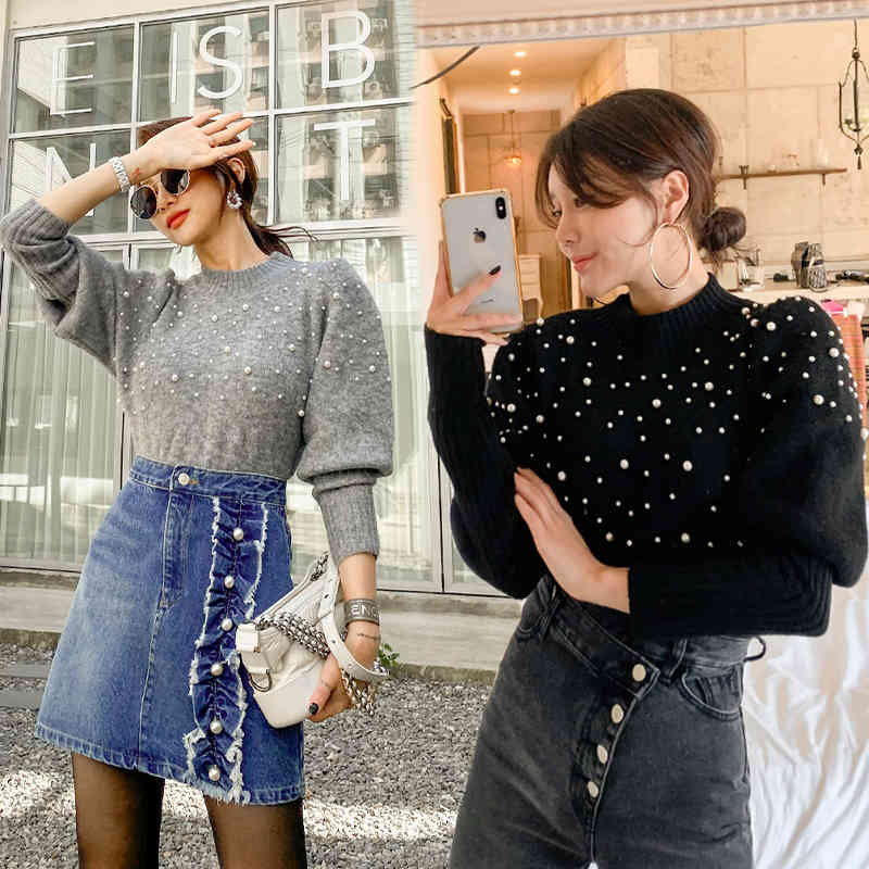 Fashion Full Sleeve Pearls Sweaters Modern Lady Tops Pullovers Stylish Women Black Autumn O-Neck Beading Knitted 210506