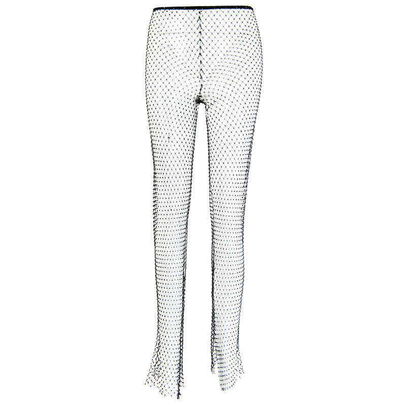 DIRTYLILY Crystal Diamond Shiny Women Pants Summer Fashion Hollow Out Fishnet Wide Leg Trousers Sexy See Through Beach Pant 211115