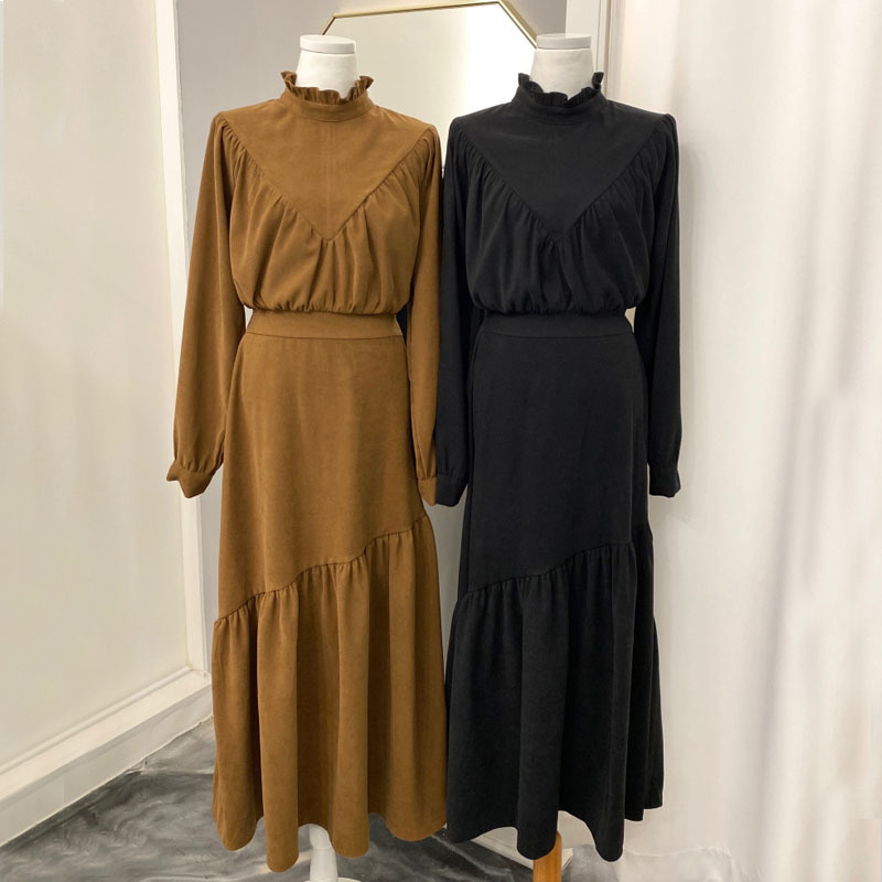 Korea Irregular Ruffled Waist Straps Women Dress Long Sleeve High Pleated Vestido Female 12802 210427