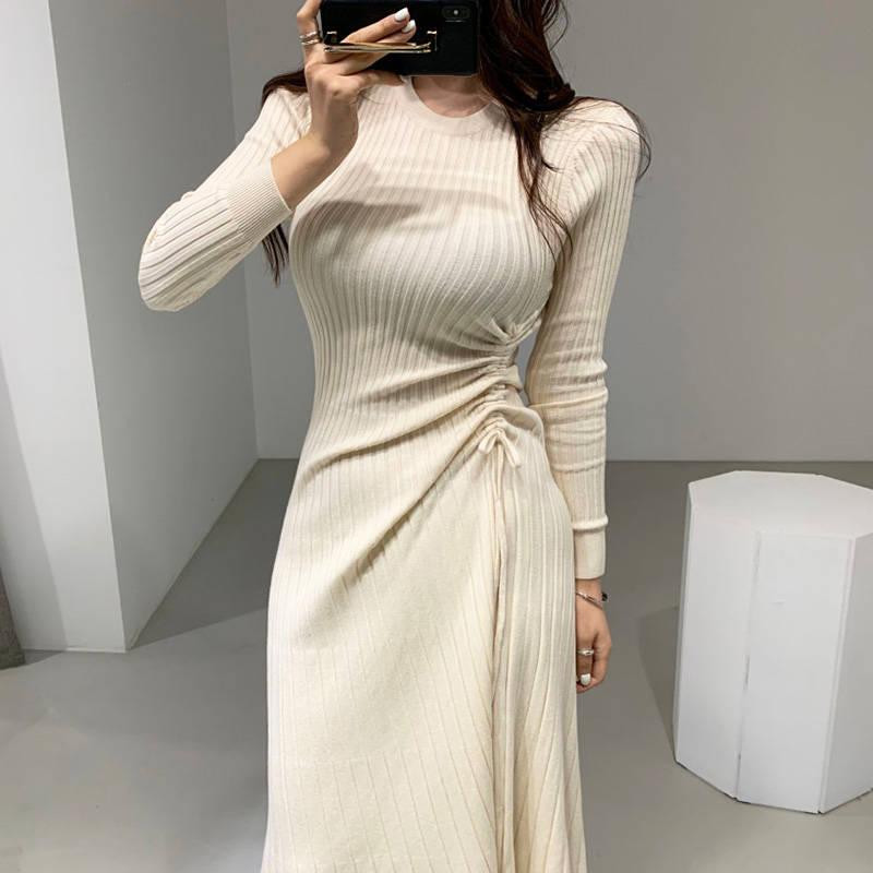Women Long Sleeve Sweater Dress Drawstring Casual Autumn Winter O-Neck A Line Knitted Vestido Da Festa 210520