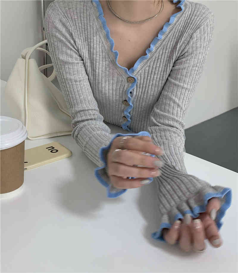 MATAKAWA Ruffle Gray Knitted Cardigan Women's Spring Single Breasted Sweters for Women Long-sleeved Jacket Slim Short Top 210513
