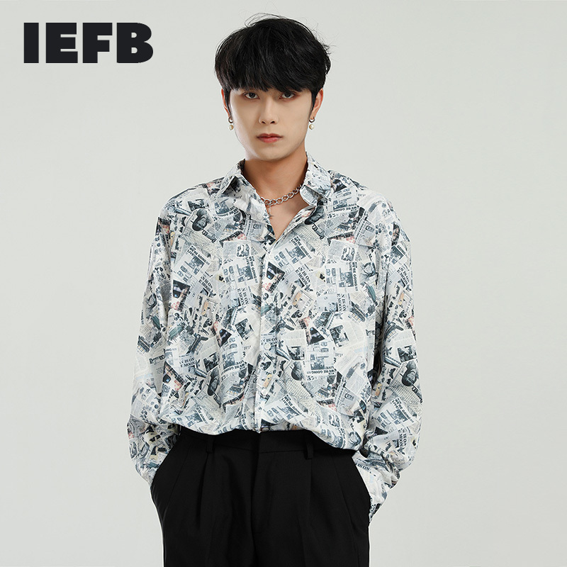 IEFB Men's Clothing Spring Korean Long Sleeve Shirt spaper Printed Square Collar Top Single Breasted Blouse 9Y5397 210524