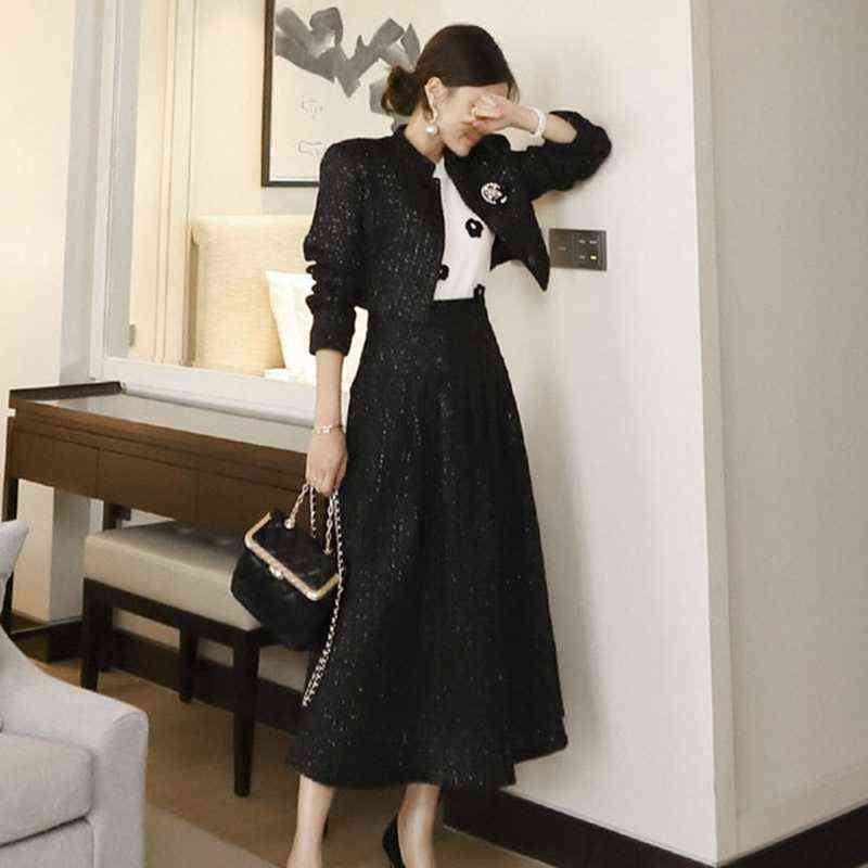 Autumn Winter Women's Two Piece Set Tweed Short Jacket + A-Line Long Skirt Suit Female Lady Fashion 2 Suits 211106