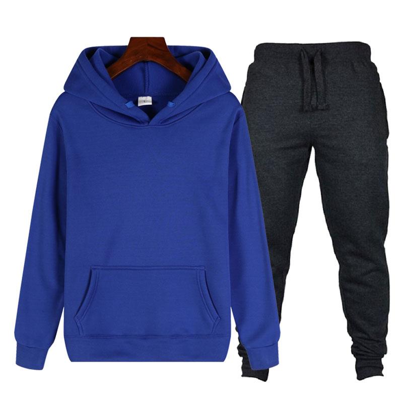 Spring And Autumn Men's Casual Sports Suit Lace Hoodie Pocket + Tie Rope Fashion Pants Two-piece Solid Color Streetwear Tracksuits