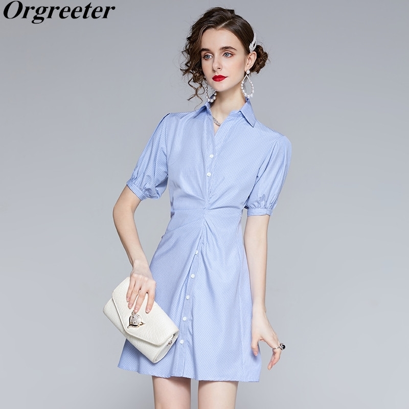 Arrival Simple Solid Blue Shirt Dress for Women Summer Lapel Single-breasted Short Sleeve Folds Plaid Mini 210525, Picture color
Arrival Simple Solid Blue Shirt Dress for Women Summer Lapel Single-breasted Short Sleeve Folds Plaid Mini 210525, Picture color