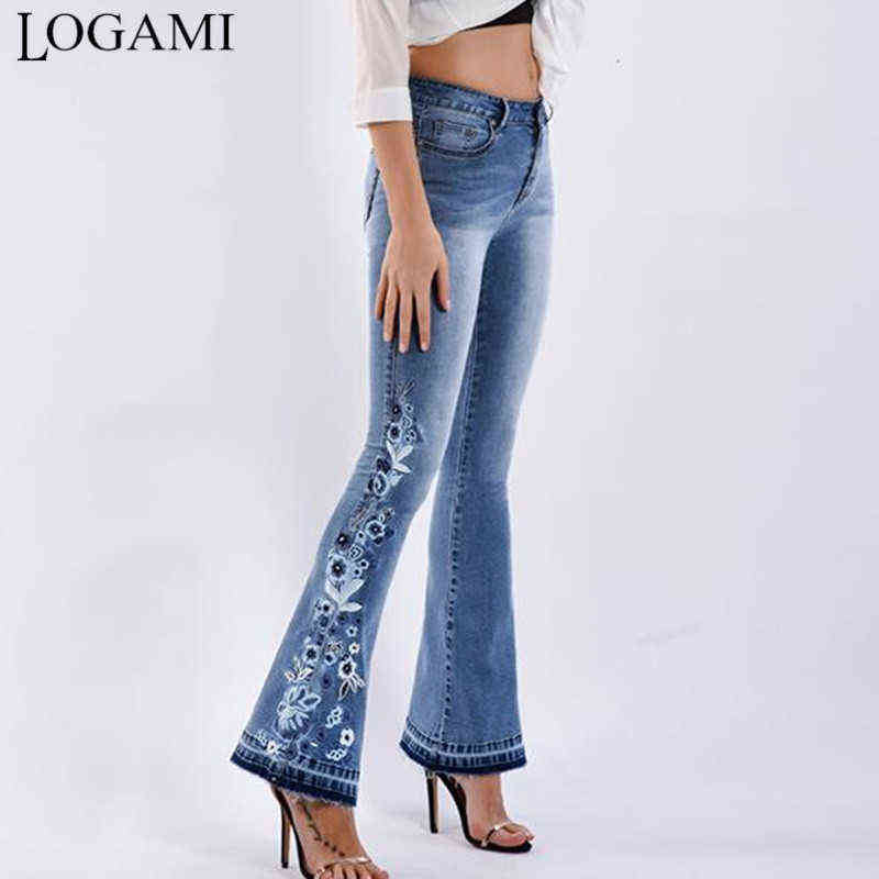 LOGAMI flower Embroidery skinny jeans woman vintage flare denim pants womens 211129