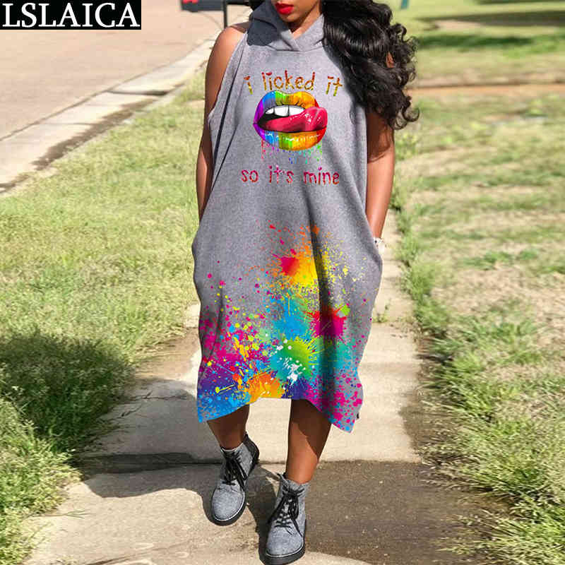 Dresses for Women Sleeveless Hooded Loose Lipps Print Fashion Sweatshirt Maxi Dress Plus Size L-5XL Casual Robe Longue 210515