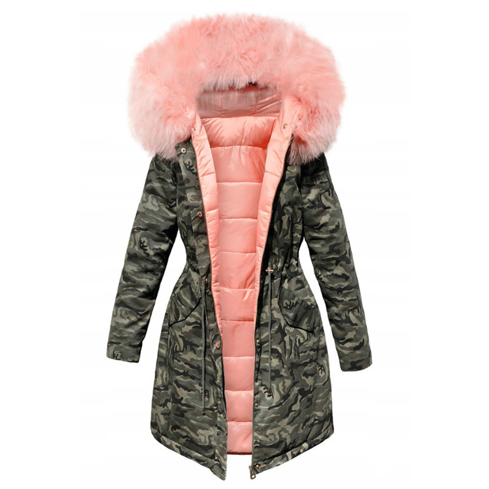 Women Winter Jacket Hooded Parkas Camouflage Coat Loose Parka Fur Collar Cotton Padded Jackets Fashion 210428