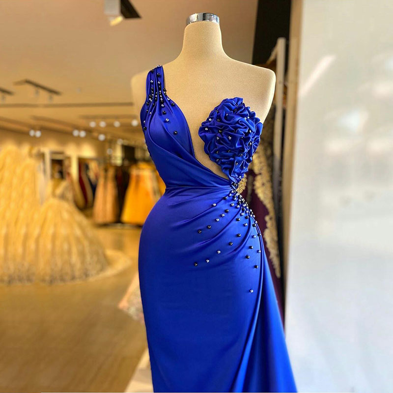 Elegant Royal Blue One Shoulder Formal Evening Dresses With Overskirt Crystals Beading Luxurious Mermaid Long Celebrity Party Dress Women Prom Gowns