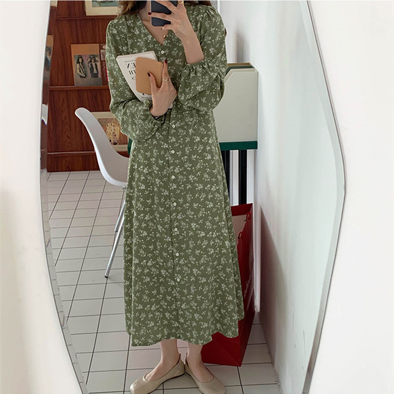 Spring womens Dress V neck Boho Sweet Party Long Sleeve women Autumn Floral dress Robe Vestido(X1802) 210423