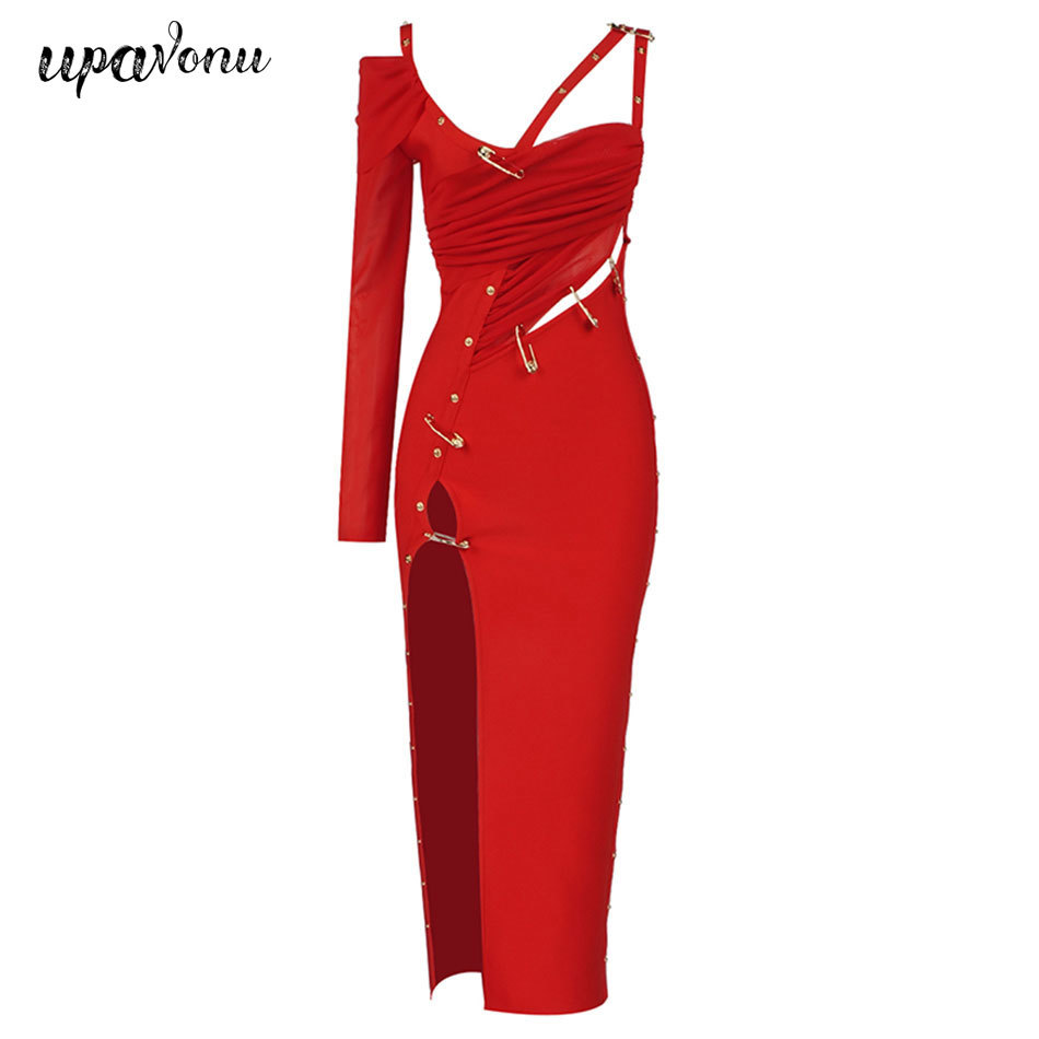 Free Autumn Women's One-shoulder Long Sleeve Hollow Bandage Dress Sexy Bodycon Split Club Party es 210524