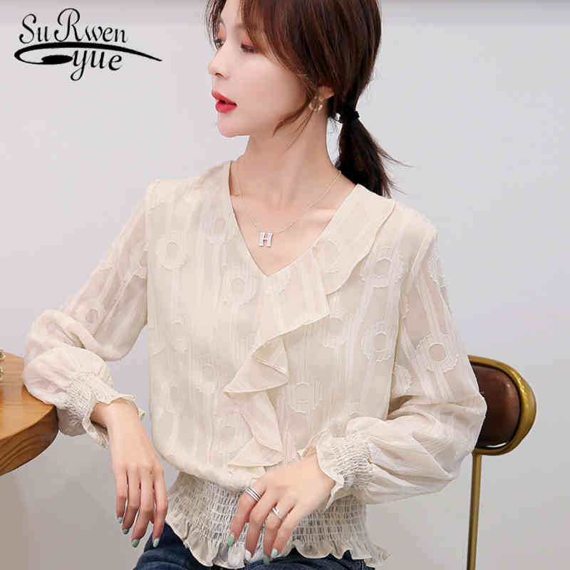 Solid Long Sleeve Ruffled Clothes Women Tops and Blouse Sexy V-neck Chiffon Autumn Office Ladies 6410 50 210521, Apricot
Solid Long Sleeve Ruffled Clothes Women Tops and Blouse Sexy V-neck Chiffon Autumn Office Ladies 6410 50 210521, Apricot