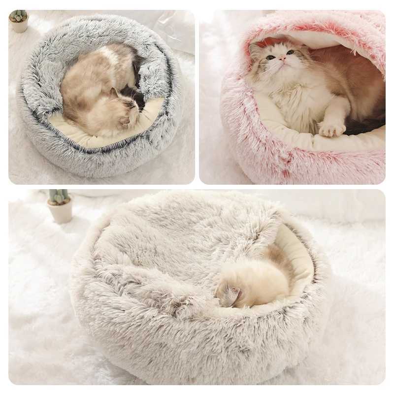 Pet Dog Cat Round Plush Bed Semi-Enclosed Cat Nest for Deep Sleep Comfort in Winter Cats Bed Little Mat Basket Soft Kennel 210713