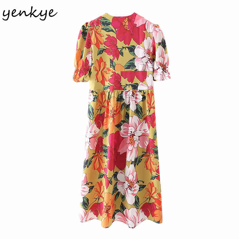 Summer Dress Women Multicolor Floral Print Female V Neck Short Sleeve Sundress Vestido High Waist Casual 210430