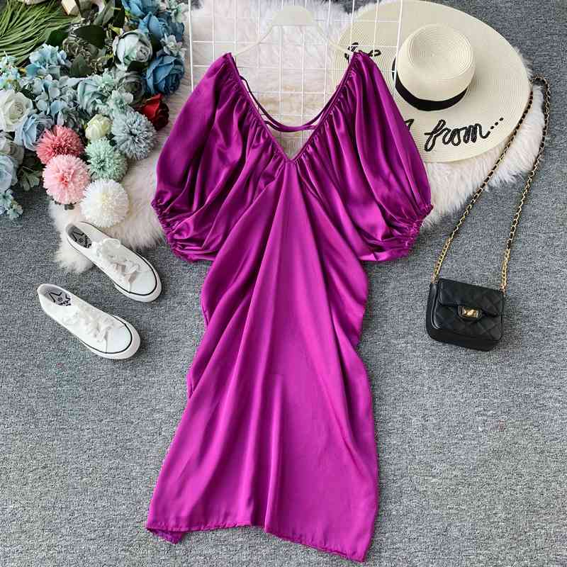Retro Solid Plated Fashion Vestidos Elegant Korean Puff Sleeve Women Dress Summer V-neck Midi Dresses 210521