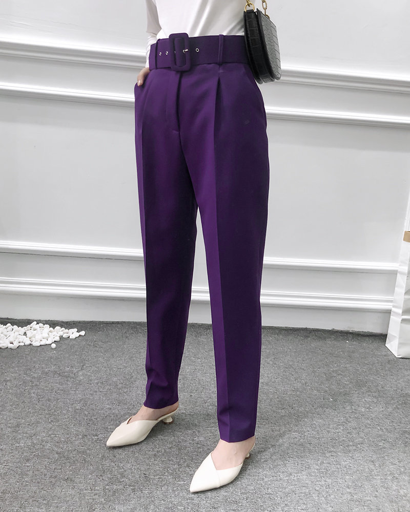 elegant black purple harem pants women winter pockets zipper office casual high waist long trousers 210521