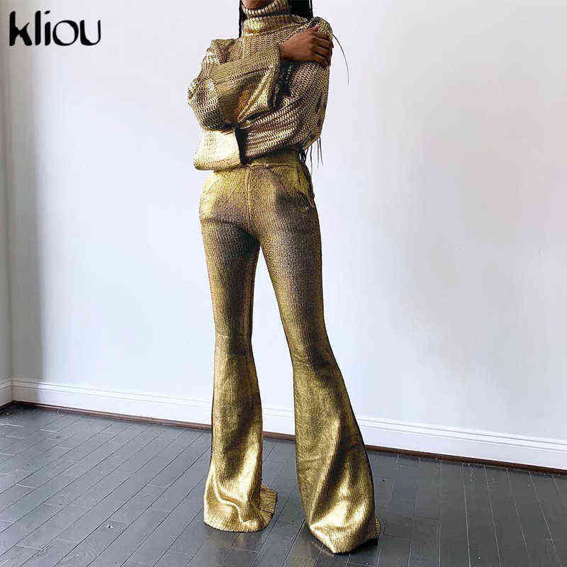 Kliou Ice Silk Boot Cut Pants For Women Hipster Oversized Simple Basic Clothing Elastic High Weist Casual Streetwear Trousers 211115