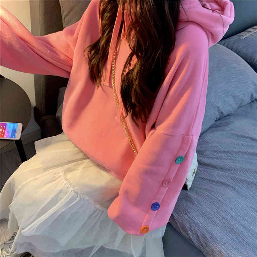 Nomikuma Autumn Winter Plus Velet Pullover Hooded Sweatshirt Causal Colourful Buttons Long Sleeve Hoodies Korean Jumper 6C639 210427