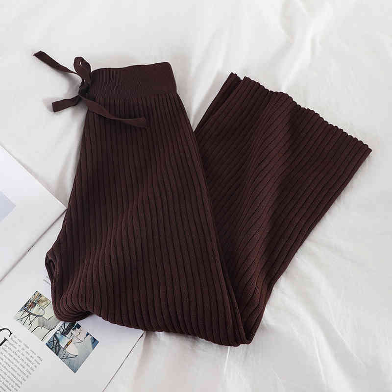 Women Knitted Wide Leg Pants Warm Fashion Autumn Winter Trousers Elastic High Waist Ankle-length Pant Korean 210519