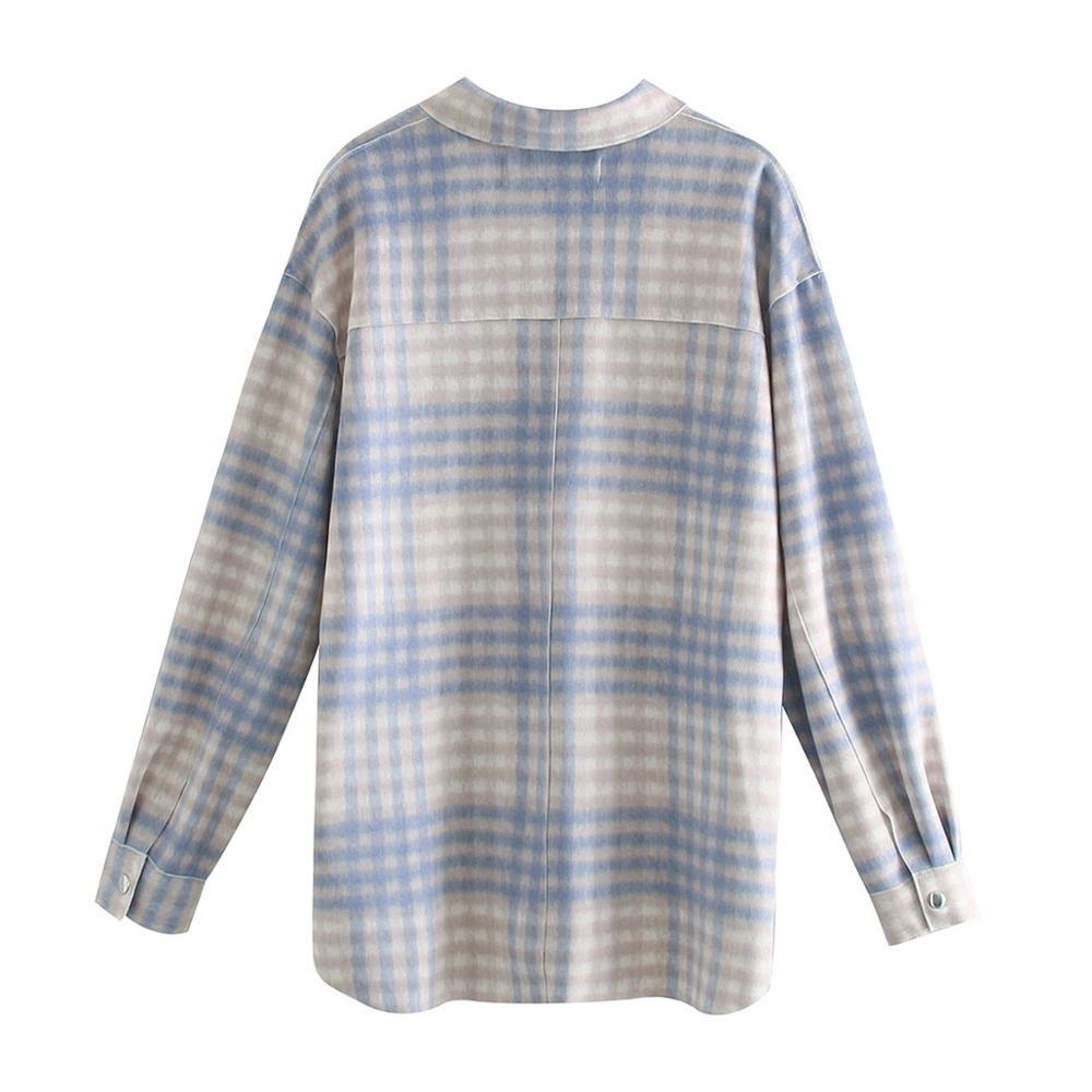 Boyfriend Style Gingham Check Plaid Shirt Lapel Long sleeve Pockets Blouse Tops Coat blusas chemise femme blusa Sky blue 210429